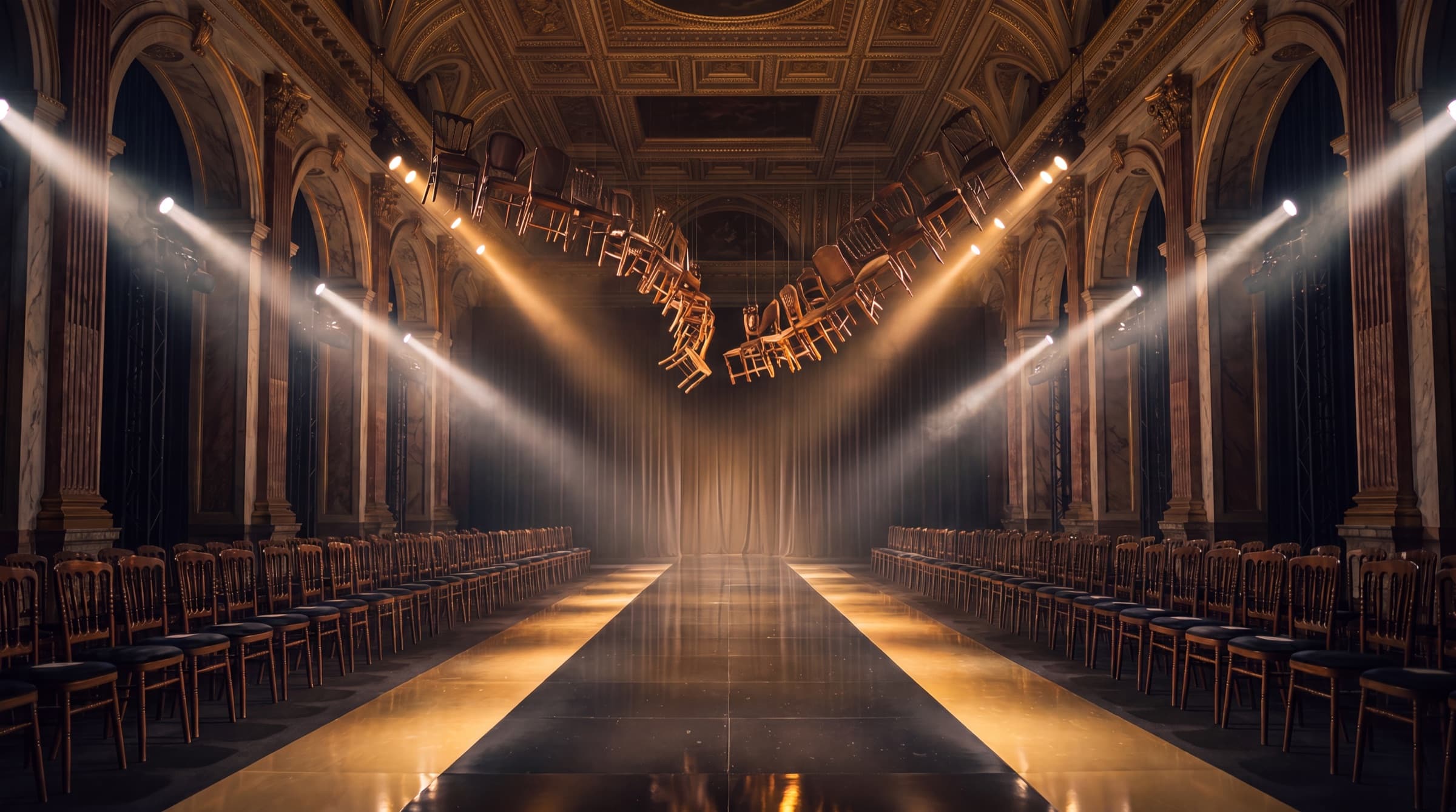 An empty gold-lit runway inside a baroque palace hall, prepared for the AI Beauty Contest